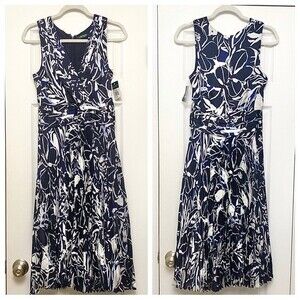 Ralph Lauren Midi Dress Pleated Skirt Floral Printed Navy Blue White NWT 4